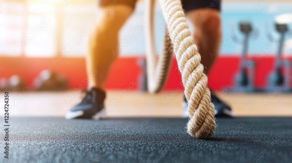 Naklejka premium Man battling ropes in gym strength training fitness indoor closeup