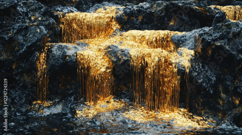 Abstract Golden Lava Dripping from Cliff

