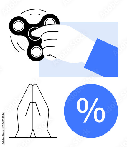 Hand spinning a fidget spinner, hands in prayer position, and percentage symbol. Ideal for concepts of mindfulness, focus, meditation, financial planning, stress relief, relaxation and spirituality