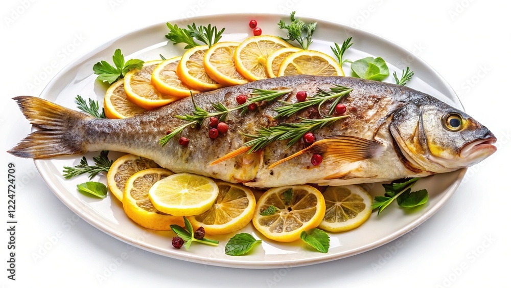 Delicious Grilled Whole Fish with Lemon & Herbs on White Plate - Stock Photo Delicious Grilled Whole Fish with Lemon & Herbs on White Plate - Stock Photo