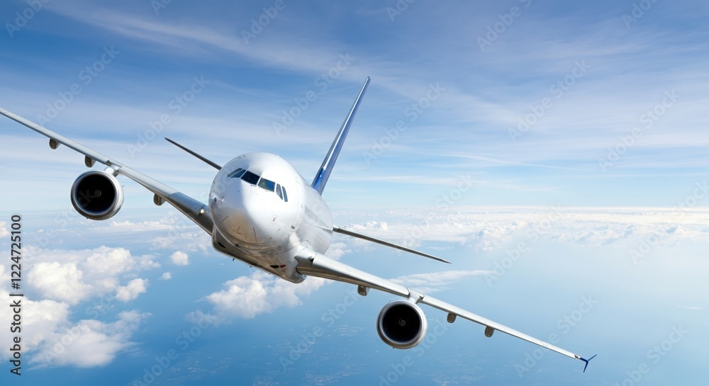 Naklejka premium Airplane flying through a clear blue sky with fluffy clouds
