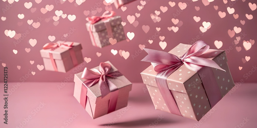 Floating pink gift boxes with polka dot patterns, decorated with satin ribbons, set against a dreamy, heart-filled background. A festive and charming atmosphere. Floating pink gift boxes with polka dot patterns, decorated with satin ribbons, set against a dreamy, heart-filled background. A festive and charming atmosphere.