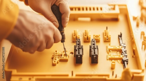 Electrical technician fixing light fixture in workshop photo