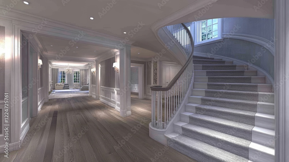 Elegant Home Interior with Grand Staircase and Hardwood Floors Elegant Home Interior with Grand Staircase and Hardwood Floors