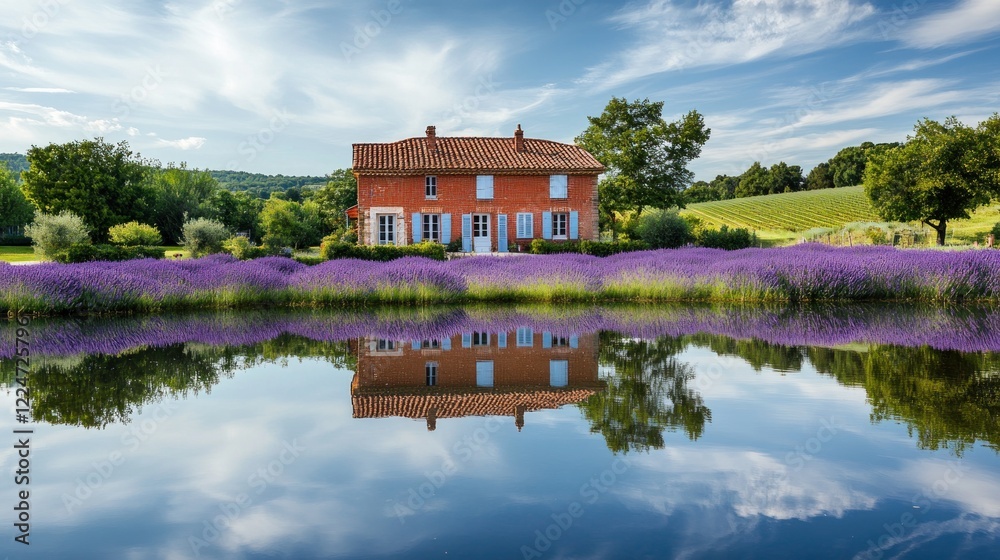 A serene countryside scene featuring a house beside a lavender field and reflective water. A serene countryside scene featuring a house beside a lavender field and reflective water.