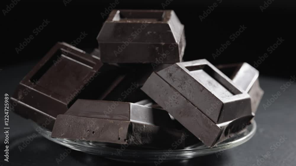 Pieces of dark chocolate on a plate. Bitter chocolate. Pieces of dark chocolate on a plate. Bitter chocolate.
