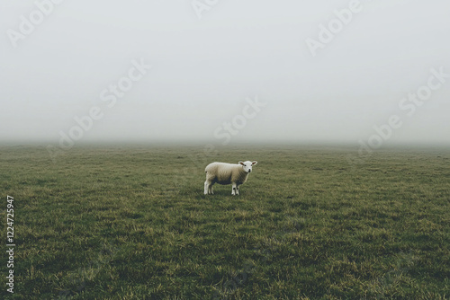 A lone sheep stands in a foggy meadow, surrounded by lush green grass and a mysterious mist photo