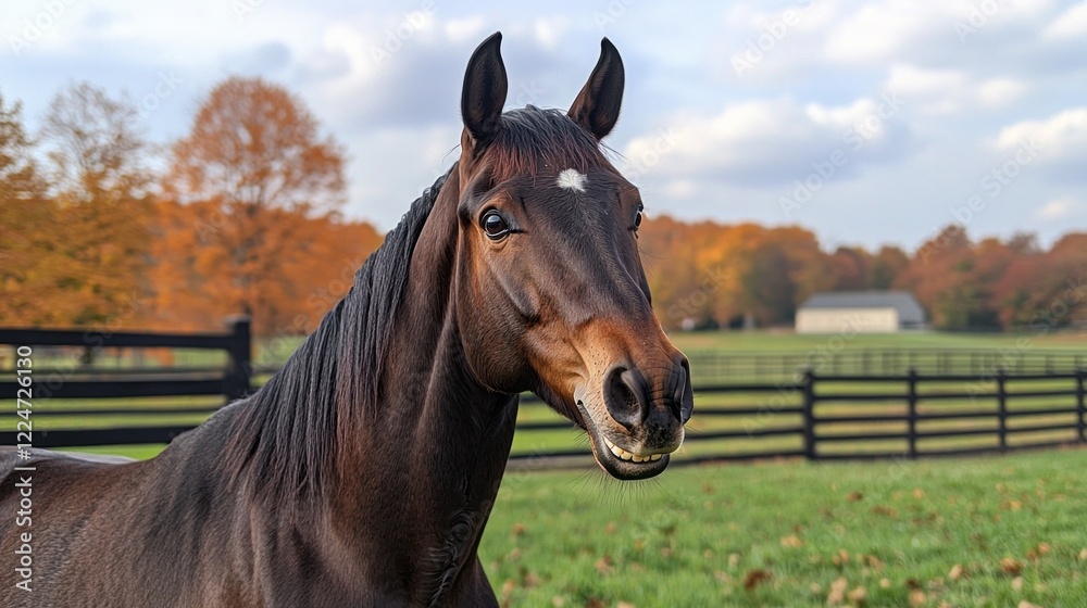 Fototapeta premium In a tranquil countryside farm under a blue sky, a sleek brown horse playfully curls its lips, exuding charm and personality among vibrant autumn foliage and rolling green fields