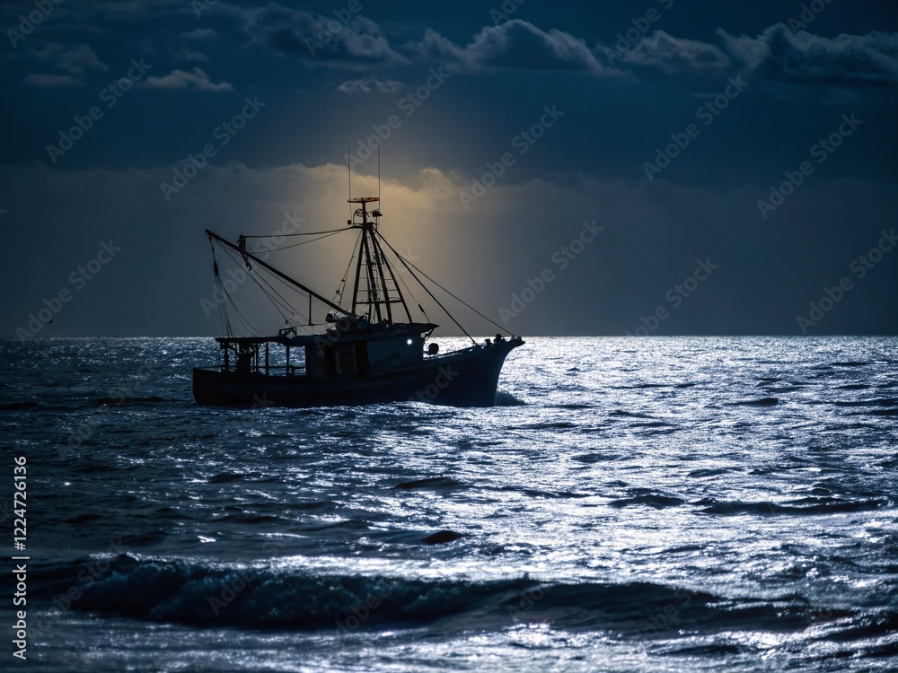 Low Light Shrimp Boat at Sea: Dramatic Ocean Fishing Scene Low Light Shrimp Boat at Sea: Dramatic Ocean Fishing Scene