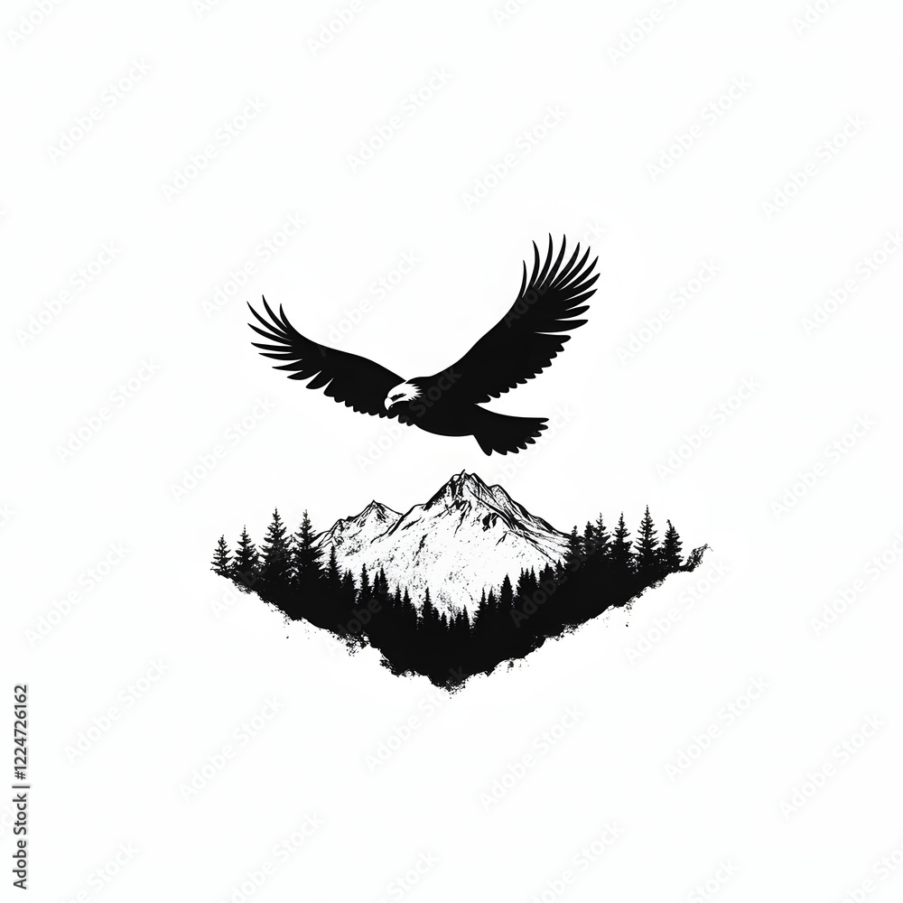 Fototapeta premium Black and white eagle bird illustration on white background, bird art, eagle clipart, sketch ideas for tattoo, ideas for engrave laser, symbolic bird, wildlife freedom bird,