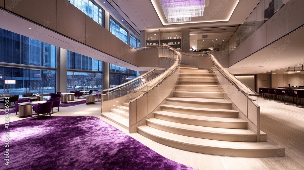 Fototapeta premium Elegant Hotel Lobby with Grand Staircase and Lounge Area