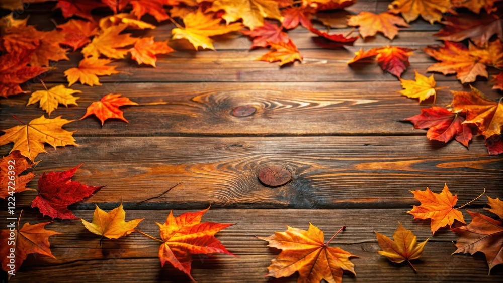 Obraz premium A wooden table with vibrant orange autumn leaves scattered around it
