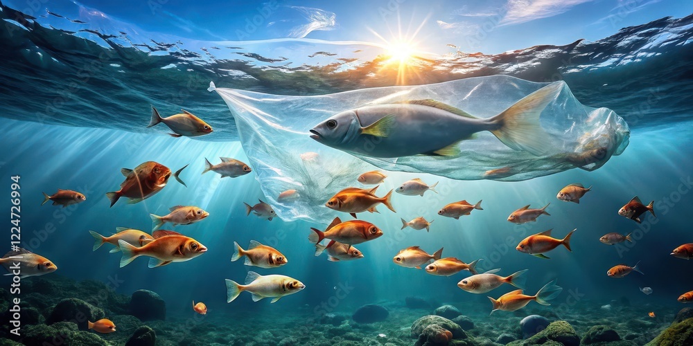 Obraz premium A school of fish trapped in a plastic bag floating on the surface of the ocean