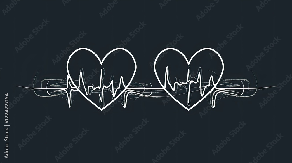 Obraz premium A white line drawing of two hearts connected by an adorable heart beat, on a black background