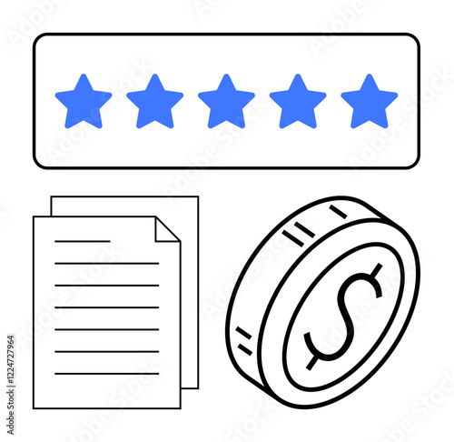 Five blue stars, two outlined documents, and a dollar coin symbolizing customer feedback, quality services, monetary value, and growth. Ideal for reviews, contracts, earnings business success