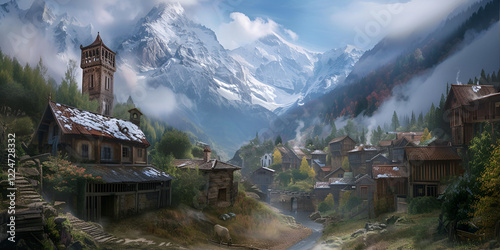 Charming mountain village with a historic church, misty peaks, and lush greenery in a peaceful valley.  
