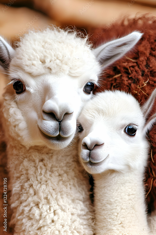 Obraz premium Two adorable llamas, one adult and one baby, share a close moment, showcasing their soft, fluffy fur and gentle expressions.