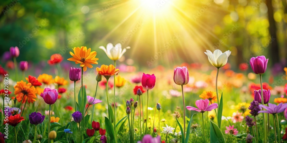 Fototapeta premium Softly glowing sunlight filters through vibrant flowers in a lush green field