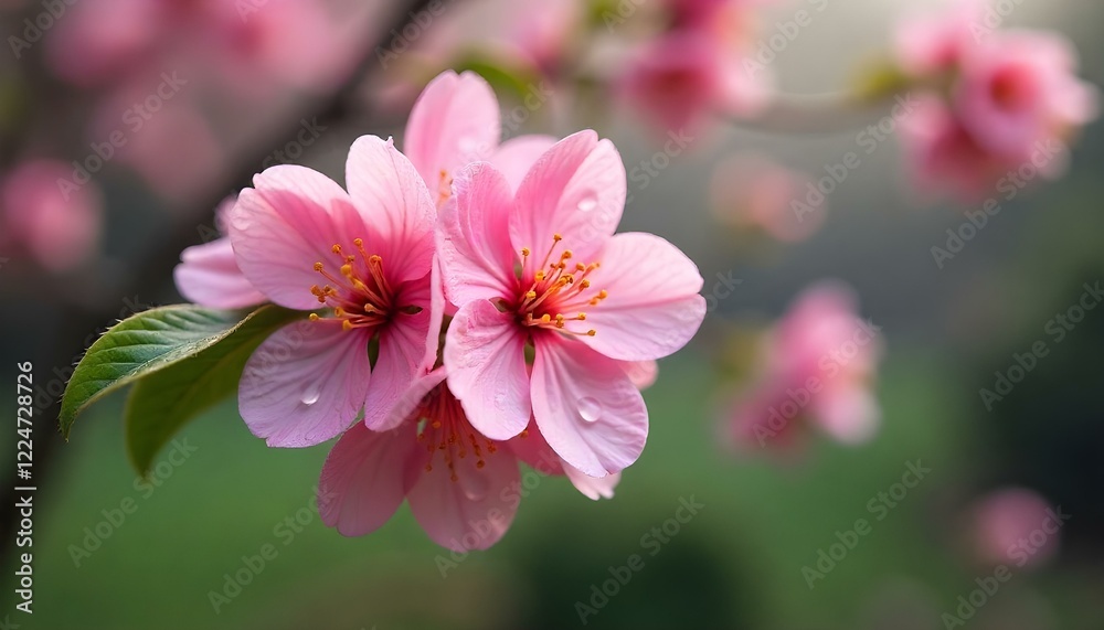 Delicate pink flowers close-up, set against a blurred forest background, creating a soft and serene atmosphere.