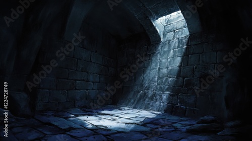 Underground stone chamber lit by a single overhead light, casting dramatic shadows. photo