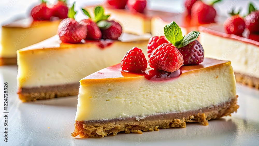 Night's allure: Creamy cheesecake slices, gourmet dessert, artfully lit for a sweet food photograph. Night's allure: Creamy cheesecake slices, gourmet dessert, artfully lit for a sweet food photograph.