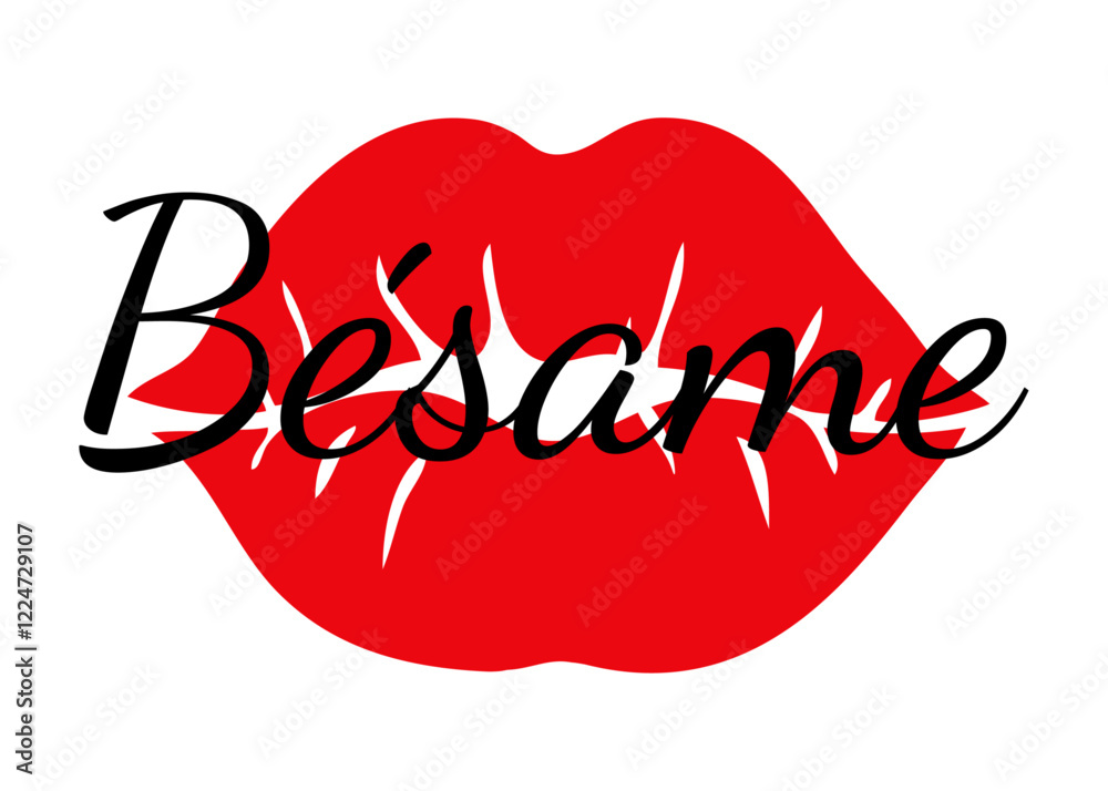 Logo con palabra Bésame en texto manuscrito en español con silueta de labios de mujer para felicitaciones y tarjetas de San Valentín