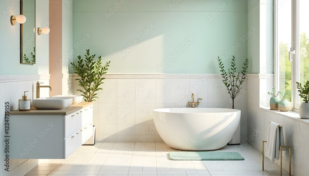 Fototapeta premium A bright bathroom with a white bathtub, light decorations, and fixtures, creating a clean and serene atmosphere.