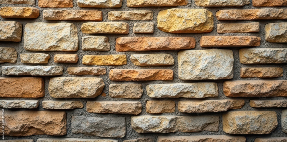 Rustic stacked stone wall, uneven texture, earthy tones, retro, brown, detail Rustic stacked stone wall, uneven texture, earthy tones, retro, brown, detail