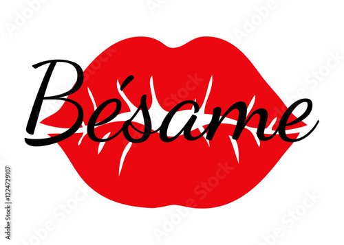Logo con palabra Bésame en texto manuscrito en español con silueta de labios de mujer para felicitaciones y tarjetas de San Valentín