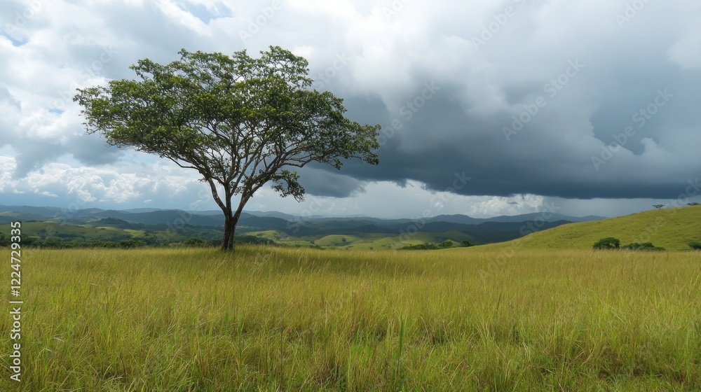 A solitary tree stands in a vast grassy landscape under a dramatic sky. A solitary tree stands in a vast grassy landscape under a dramatic sky.