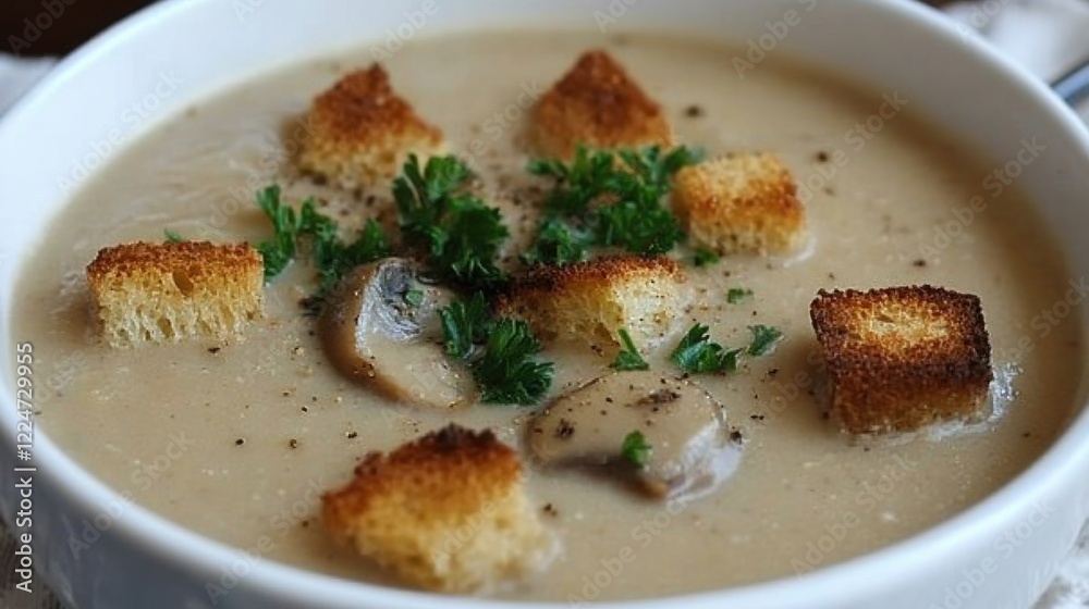 Mushroom soup parsley croutons. Generative AI Mushroom soup parsley croutons. Generative AI