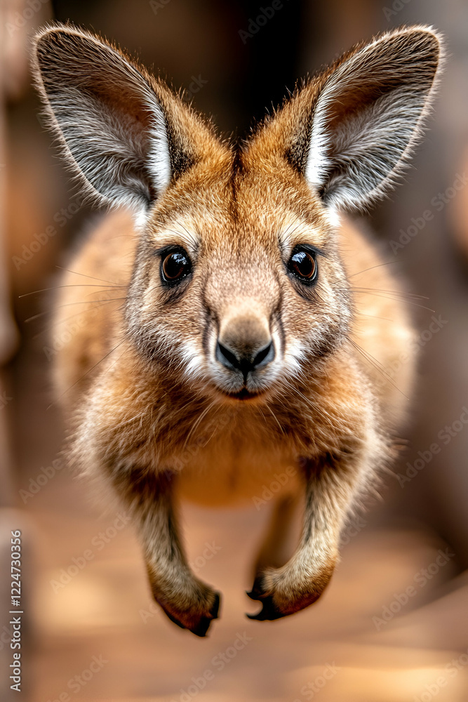 A cute kangaroo joey leaps, showcasing its large ears and expressive face, set against a blurred natural background. A cute kangaroo joey leaps, showcasing its large ears and expressive face, set against a blurred natural background.