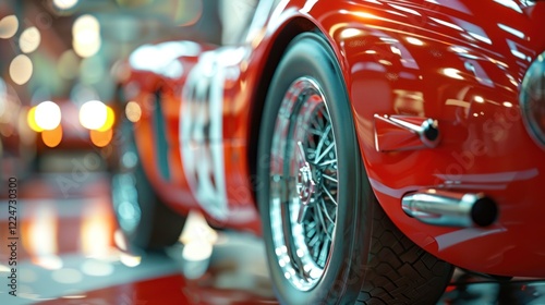 A close-up of the red racing car's wheel and aerodynamic wing, highlighting the spoked rim and the car's modern design. photo