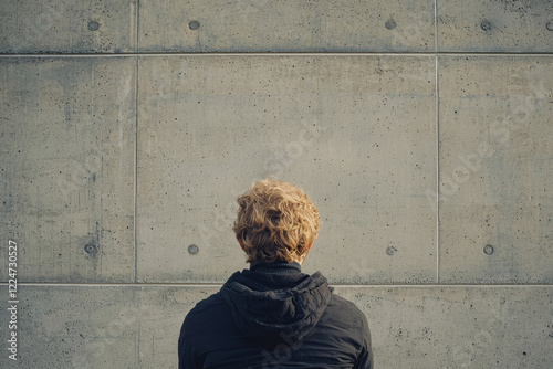 Back view of a person staring at a blank concrete wall