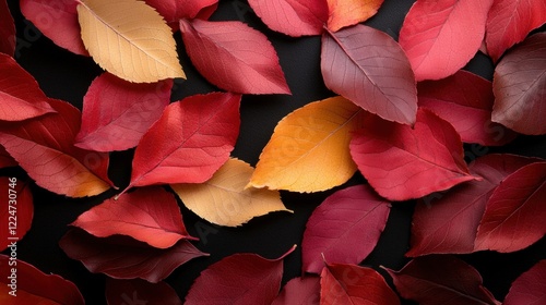 A close up of red and yellow leaves on a black background