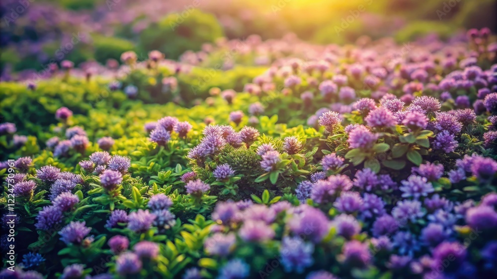 Retro-styled photo: a carpet of green, dotted with tiny purple blooms, vintage ground cover. Retro-styled photo: a carpet of green, dotted with tiny purple blooms, vintage ground cover.