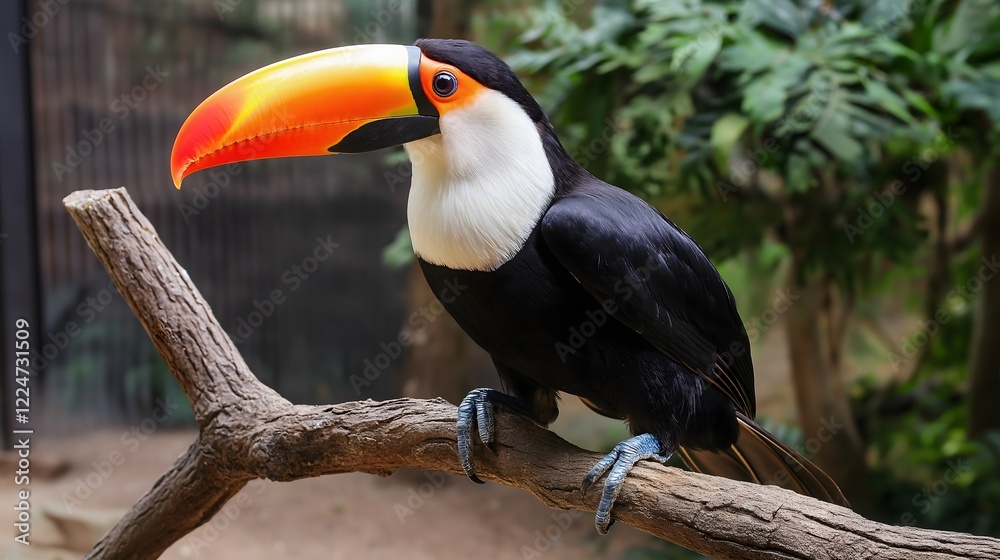 Naklejka premium Majestic Toucan Bird Portrait on Natural Branch Perch, Wildlife Nature Photography Exotic Animal Close Up Detail Tropical Bird Behavior