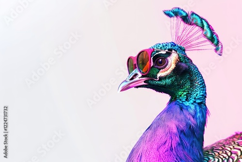 A regal peacock displaying its vibrant feathers, adorned with sunglasses.blank templated, rule of thirds, space for text, isolated white background neon light, extreme right, rule of third