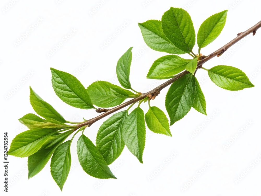 Fototapeta premium Lush Green Twig with Glossy Leaves - Vibrant Spring Botanical Stock Photo