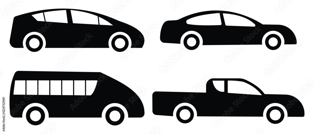 Cars and trucks silhouette icon, vector set. car, trucks, bus, ambulance icon. Car icon vector illustration. Cars and trucks silhouette icon, vector set. car, trucks, bus, ambulance icon. Car icon vector illustration.