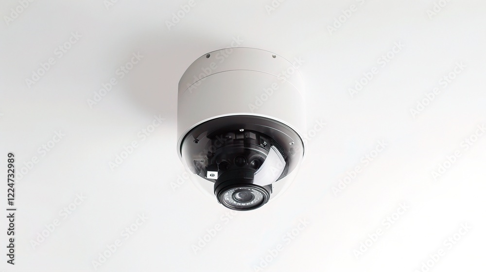 A prominent surveillance camera set against a clean white background A prominent surveillance camera set against a clean white background