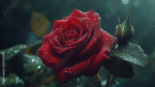 A single red rose with water droplets showcasing beauty, love, and romance photo