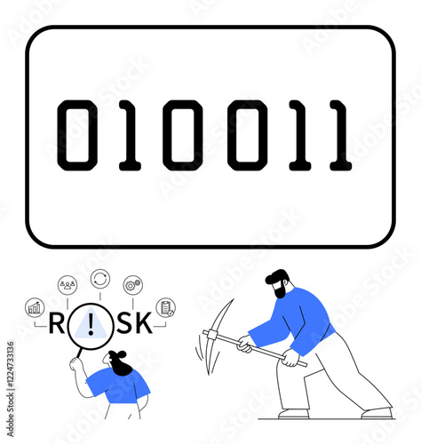 Binary code text, woman analyzing risk under magnifying glass, man mining with pickaxe. Ideal for technology, data security, cyber risk, mining, business strategy, problem-solving abstract line flat