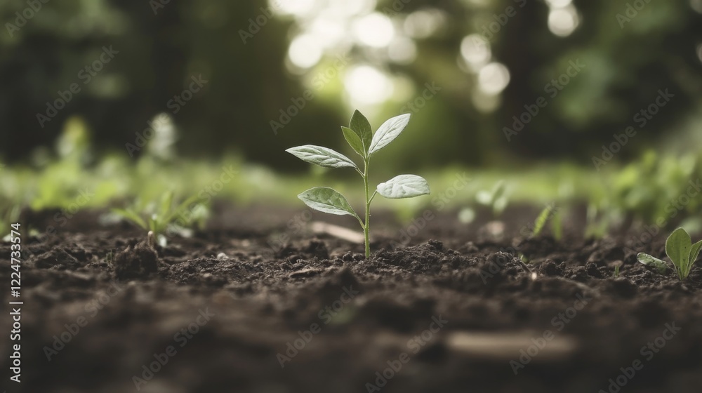 Close-up of a young sprout emerging from dark soil in a natural outdoor setting. Close-up of a young sprout emerging from dark soil in a natural outdoor setting.