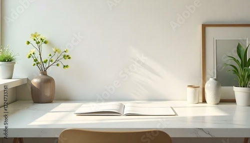 A tidy desk workspace with a comfortable chair, laptop, a plant, and stationery, creating a focused and organized environment perfect for work or study.
