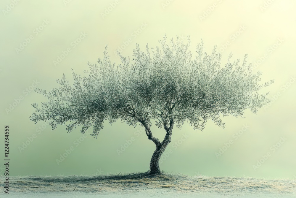 Solitary olive tree, pale green background. Solitary olive tree, pale green background.
