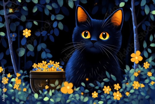 A cat pawing at a mysterious treasure chest hidden among forest vines. Generative AI