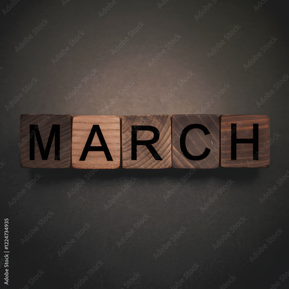 Naklejka premium March Wood Block Words on Gradient Background