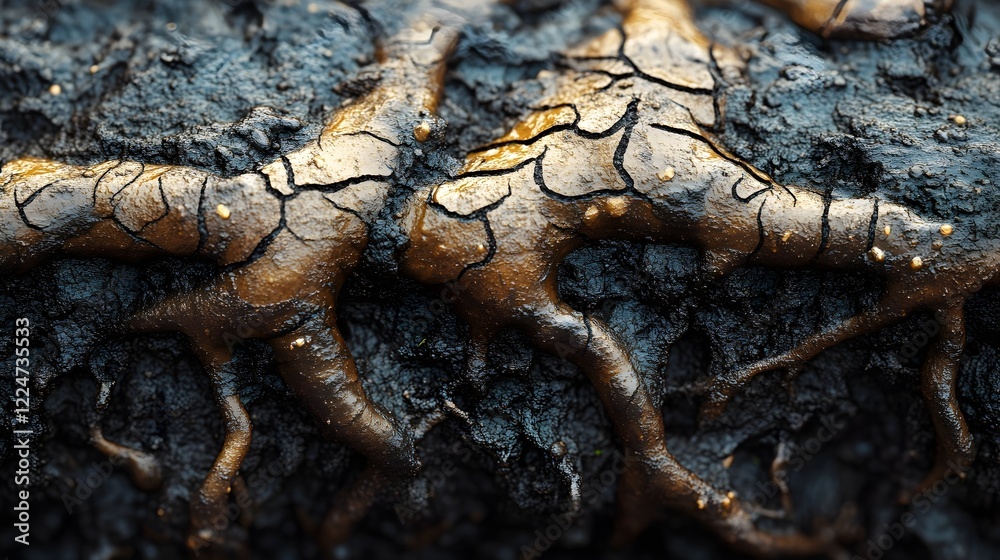 A texture of tangled roots spreading across soft, damp soil. A texture of tangled roots spreading across soft, damp soil.