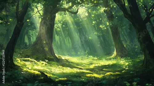 Sunlight streaming through the trees in a misty forest with a peaceful stream and waterfall photo